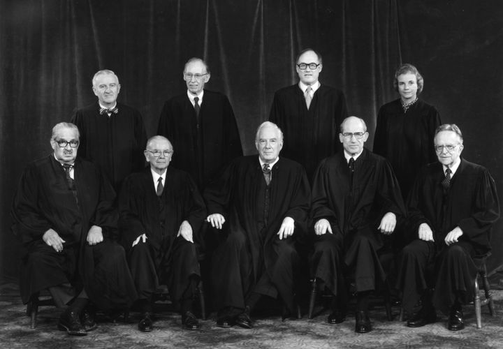 The justices on the U.S. Supreme Court in 1983. Back row, from left: John Paul Stevens, Lewis F. Powell Jr., William Rehnquist and Sandra Day O'Connor. Front row, from left: Thurgood Marshall, William J. Brennan Jr., Chief Justice Warren Burger, Byron White and Harry A. Blackmun.