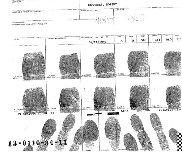 Fingerprints taken from the body of Robert Chambers.