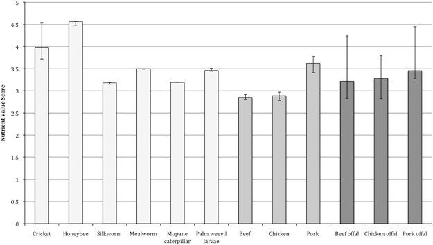 Bar graph showing the median values and inter-quartile range of Nutrient Value Scores (a higher score indicates a more nutritious food) for insects (light grey), meat (medium grey) and offal (dark grey). Higher scores indicate healthier foods.