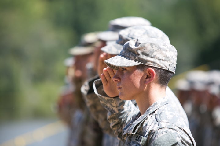 Capt. Kristen Griest salutes during the graduation ceremony of the United States Army's Ranger School on Aug. 21, 2015, at Fo