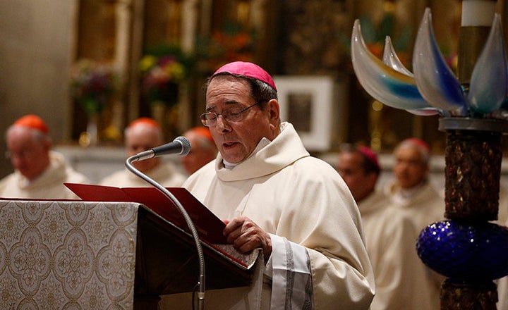 Archbishop John J. Myers of Newark, N.J., addresses Pope Francis at the conclusion of Mass at the Pontifical North American College in Rome on May 2, 2015.