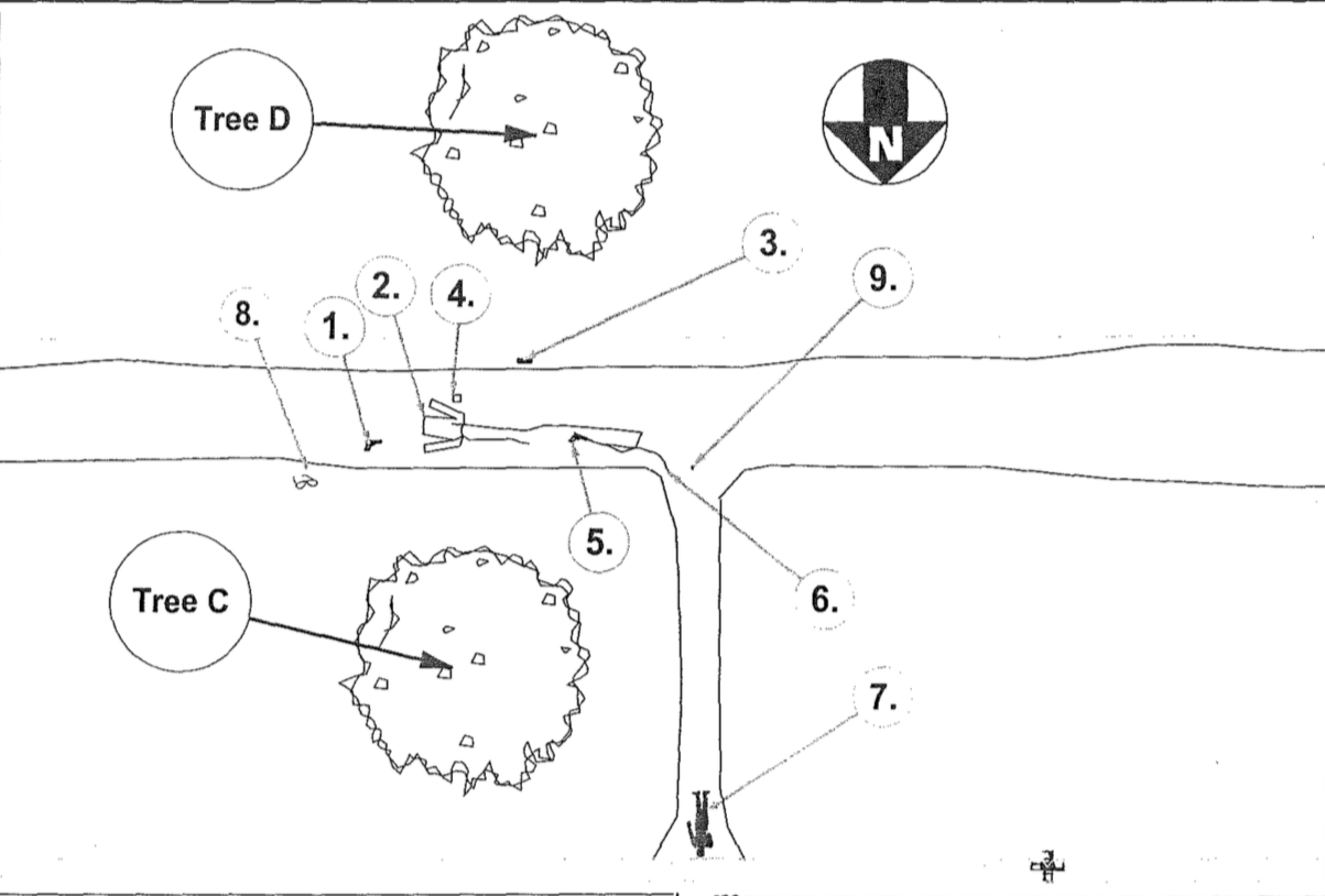 A police sketch created by GBI shows the location of Chambers' body (exhibit 7). Near exhibit 2 is where Glidden said he took his shot, striking the teen in the back left side of the head. The family's lawyers have noted that it's odd Chambers would be hit in the left side, when his right side was the one more likely facing the officer. The bullet casing (exhibit 9) was found 30 feet from where Glidden said he fired, Droubi said.