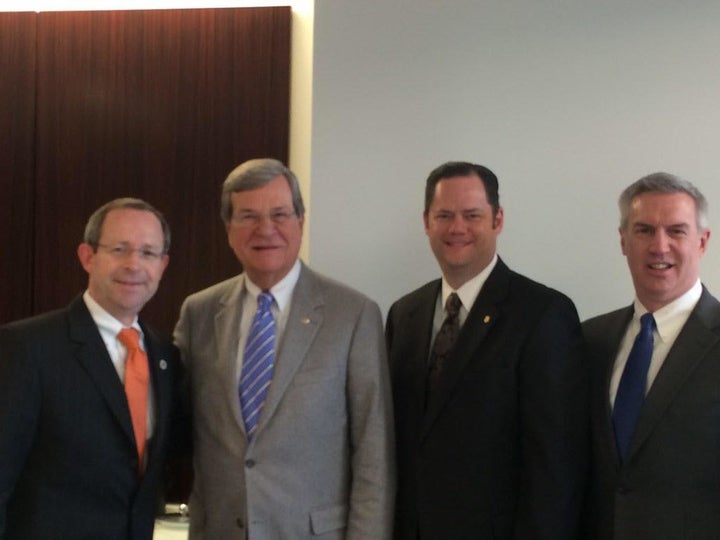 Pictured, left to right: Brad Beacham, executive director of Sigma Nu; former Sen. Trent Lott (R-Miss.); Larry Stanton Wiese, executive director of Kappa Alpha Order; Wynn Smiley, CEO of Alpha Tau Omega. The photo was posted on social media by Smiley in January with a comment that Lott is "wrkng for student rights" [sic].