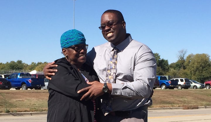 Shawn Whirl, right, hugs his mother, Erma Whirl, after walking out of Hill Correctional Center in Galesburg, Illinois shortly after noon on Wednesday. Whirl had spent nearly 25 years wrongfully imprisoned as the result of a false confession coerced by police torture.