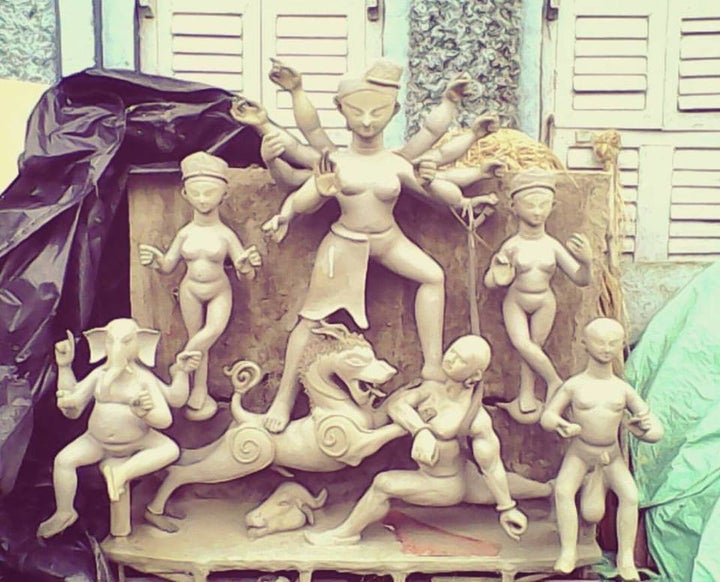 The Durga idol being constructed in the Kumortuli ghat in north Kolkata.