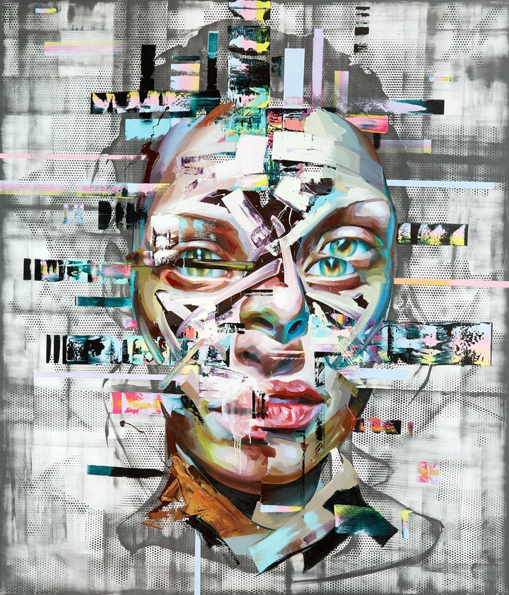 It's possible to see old and new imagery in the anonymous faces, from Dali's surrealism to glitch art.