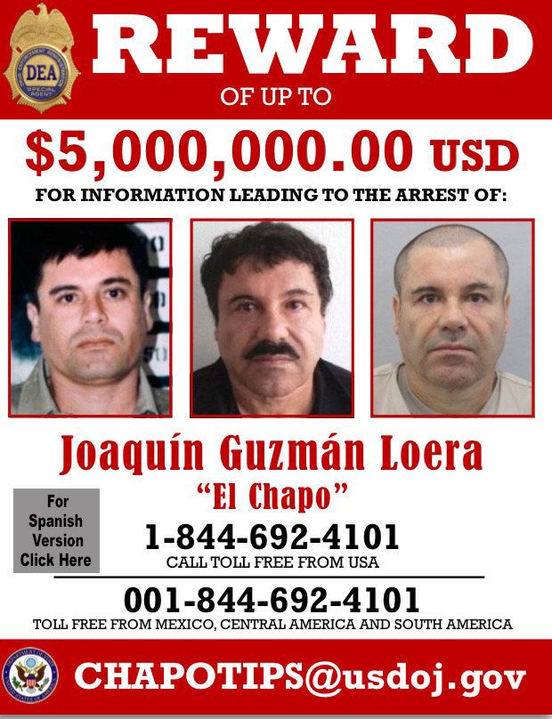 The DEA is offering a $5 million reward for information leading to Guzmán's arrest.