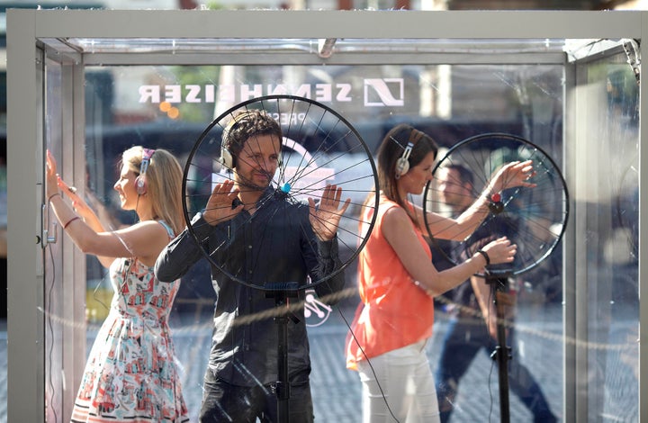 Mogees creator Bruno Zamborlin "plays" a bicycle wheel in London to demonstrate how the music-making device works.