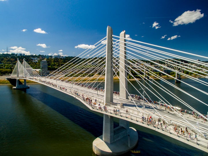 No cars are allowed on Tilikum Crossing, a bridge that opened in Portland, Oregon last month to pedestrians, bikers and public transit. 