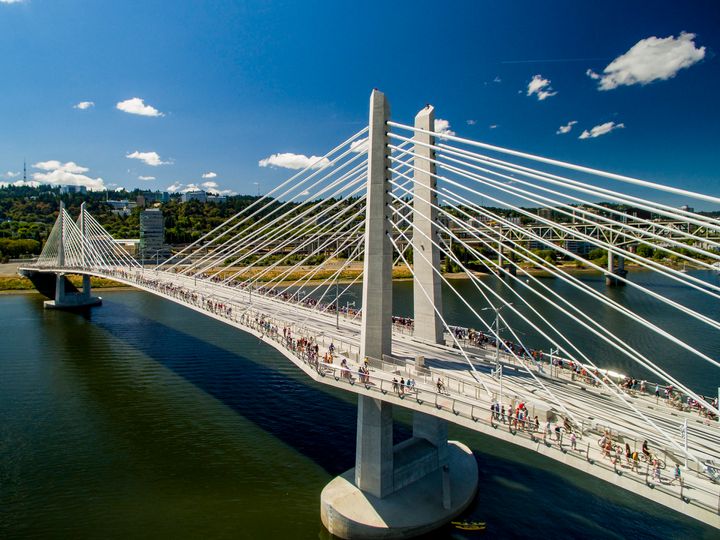 No cars are allowed on Tilikum Crossing, a bridge that opened in Portland, Oregon last month to pedestrians, bikers and public transit. 