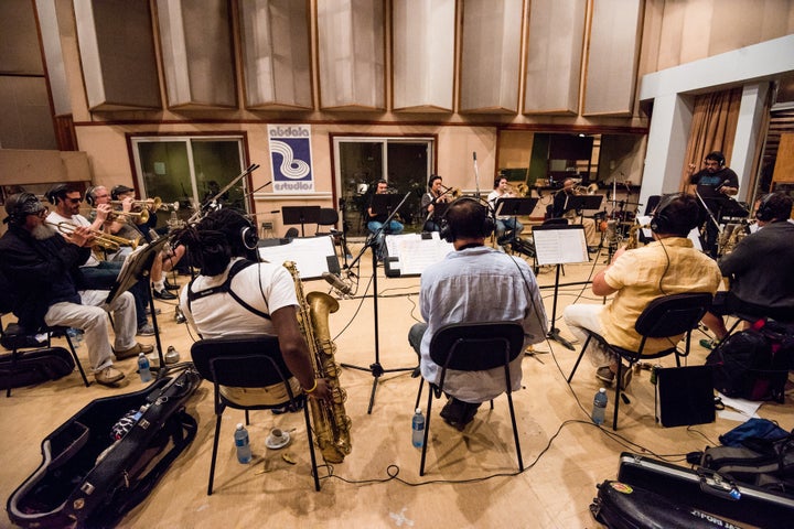 The Afro-Latin Jazz Orchestra recording at Abdala Studios in Havana in 2014.