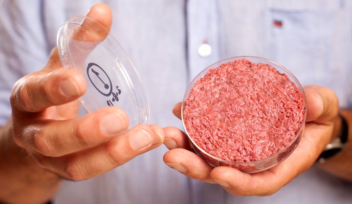 A lab-grown meat burger made from cultured beef, which has been developed by Professor Mark Post of Maastricht University in the Netherlands.