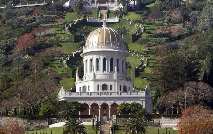 A general view shows the terraced gardens and the golden Shrine of Bab.