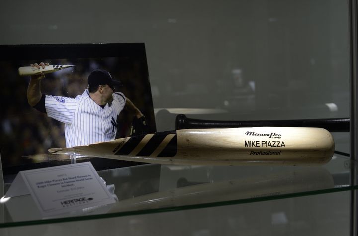 The shard of the bat on display before the Feb. 2014 auction.