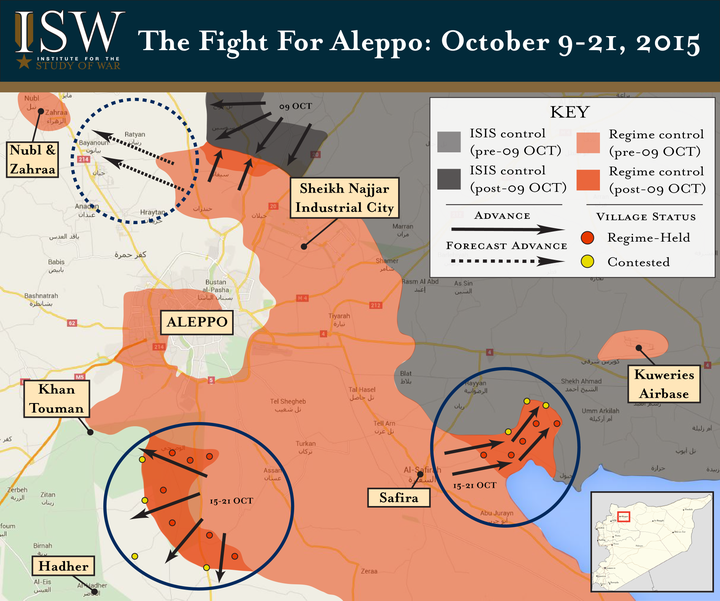 A map from the Institute for the Study of War shows the various factions that occupy Aleppo and its surrounding area.