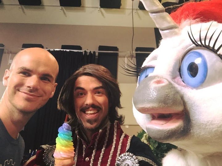 Jeffrey Harmon, left, with "Squatty Potty" actor Wes Tolman and the unicorn.