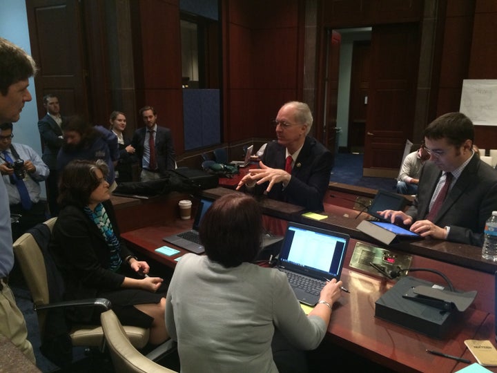 Rep. Bill Foster (D-Ill.) talks with attendees of the Second Congressional Hackathon on Friday. The event was meant to facilitate communication between developers and legislators.