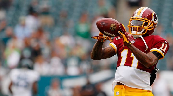 DeSean Jackson catches a pass during warm-ups before playing against the Philadelphia Eagles at Lincoln Financial Field on September 21, 2014 in Philadelphia, Pennsylvania.