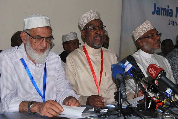 Left to right, Farouk Adamu, deputy chairperson of Nairobi’s Jamia Mosque Committee, Abdullahi Abdi, chairperson of National Muslim Leaders Forum (NAMLEF) and Abdilatiff Essajee, the Jamia Mosque Committee treasurer speak during a press conference with other Muslim leaders on October 25, 2015. Kenyan Muslim leaders will head the rehabilitation and re-integration of returning nationals who have been fighting for Al-Shabaab in Somalia.