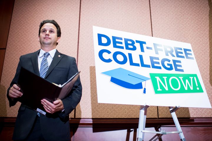 Sen. Brian Schatz, D-Hawaii, participates in a press conference on Wednesday, June 10, 2015, to call for the elimination of student loan debt at public higher education institutions. Student debt has increasingly become a top issue for Democrats.