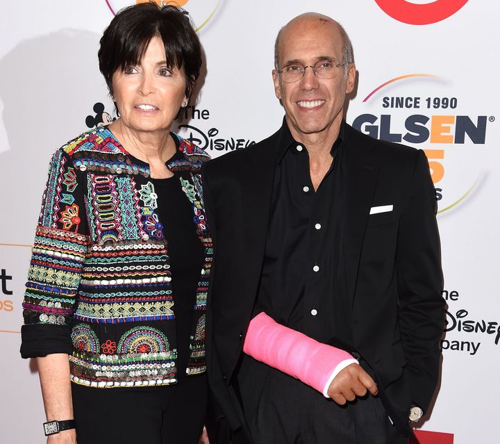 DreamWorks Animation CEO Jeffrey Katzenberg and his wife Marilyn. Katzenberg wears a neon pink cast, after undergoing surgery for a car crash. 