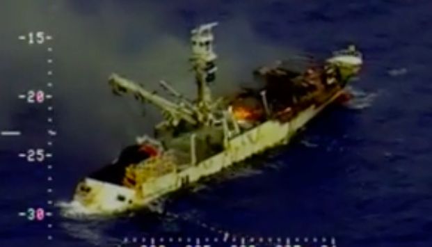 A screenshot from a U.S. Coast Guard video shows the Glory Pacific No. 8 on fire.