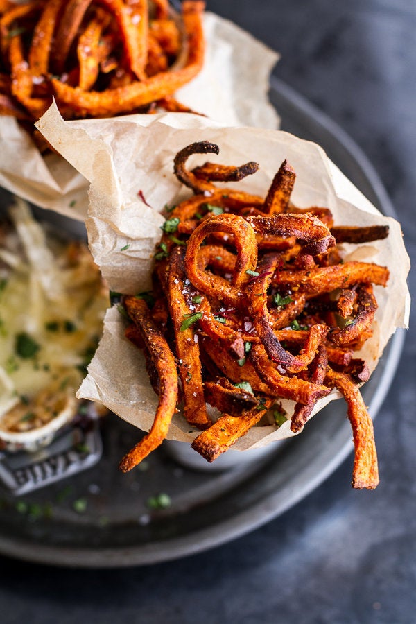 Skinny Tandoori Butter Sweet Potato Fries With Creamy Baked Harissa Feta