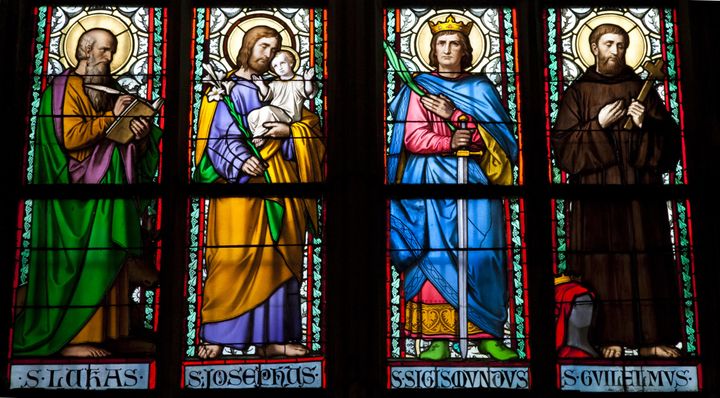 Stained galss window in St Vitus Cathedral.