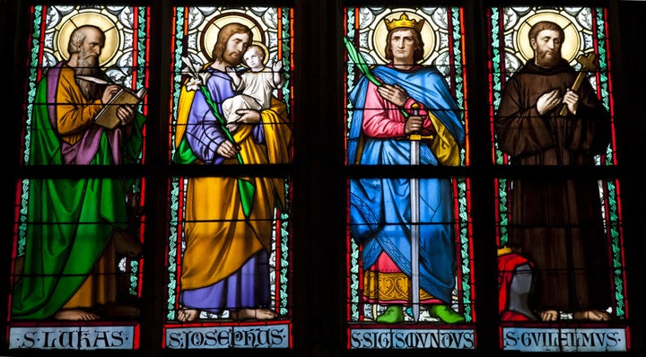 Stained galss window in St Vitus Cathedral.