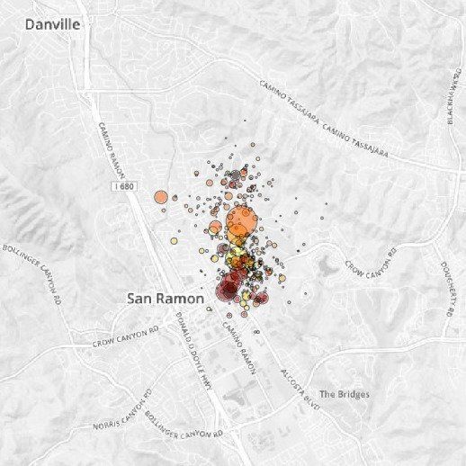 The severity and locations of the earthquakes in San Ramon are shown in this USGS-provided map. The scales match those given in the graph above.