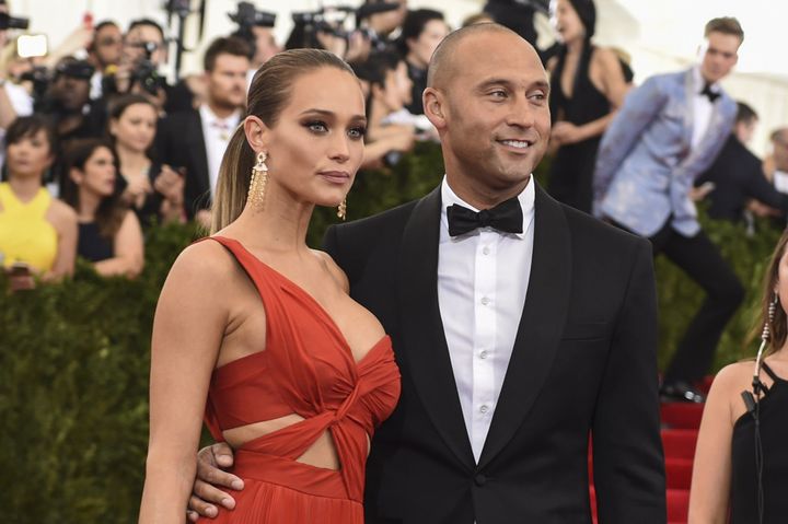 Derek Jeter and Hannah Davis arrive at the Costume Institute Gala Benefit on May 5, 2015, in New York.
