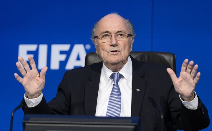 Blatter gestures during a press conference on July 20, 2015, in Zurich.