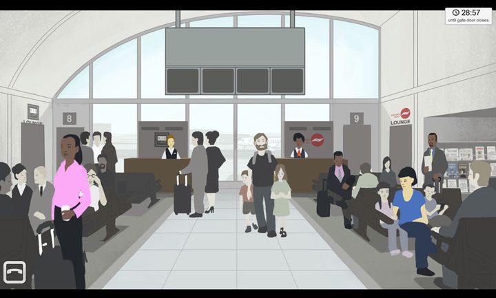 In the airport terminal featured in "One Day," the business strategy game, players can interact with any of the highlighted passengers or employees, read the magazines in the corner or go into the airline’s lounge.