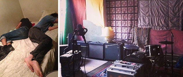 Left: John Eatherly and Max Peebles asleep in Eatherly's Room. Right: The makeshift recording area in the loft.
