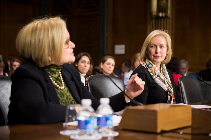 Sen. Claire McCaskill, D-Mo., left, and Sen. Kirsten Gillibrand, D-N.Y., testify during the Senate Judiciary Committee Crime and Terrorism Subcommittee hearing on Campus Sexual Assault.