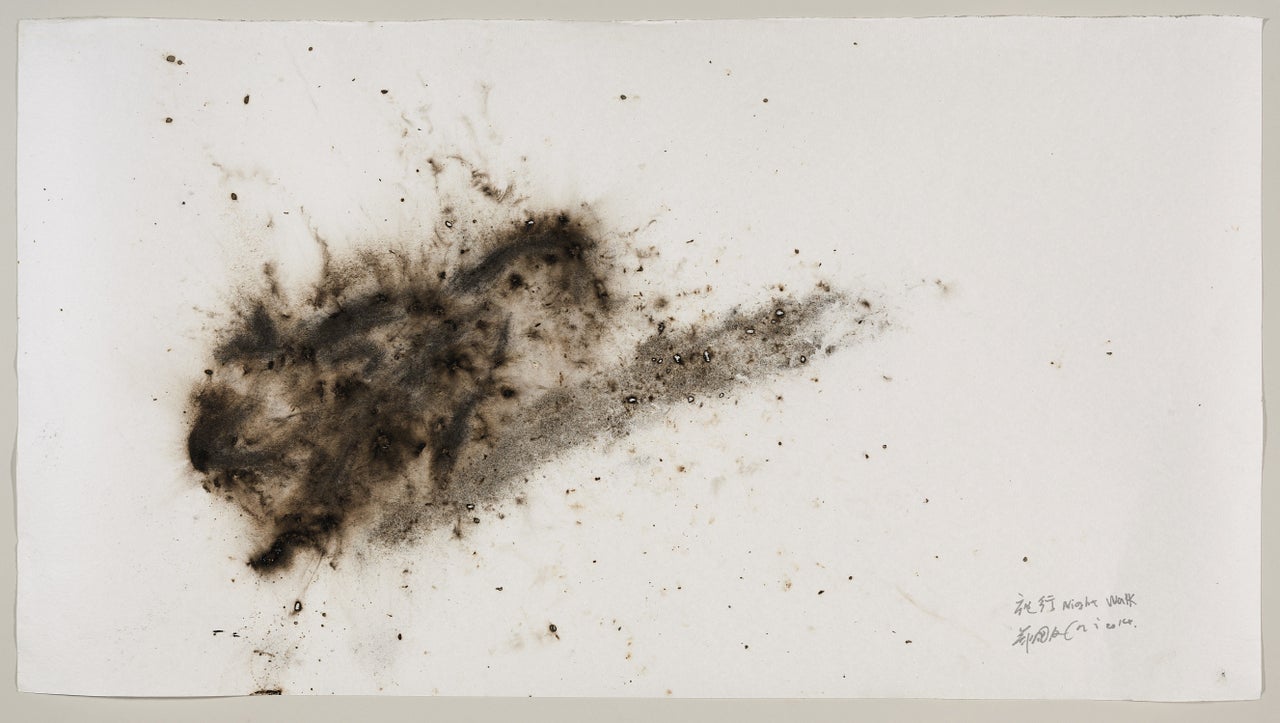 CAI GUO-QIANG (b.1957) Night Walk, signed, titled and dated 2014 gunpowder on paper. Photo by Lydia Ohl, courtesy Cai Studio