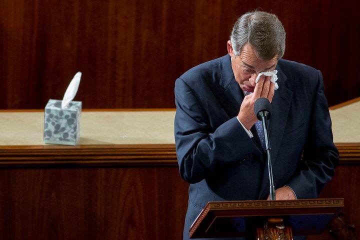U.S. House Speaker John Boehner, a Republican from Ohio, wipes his eyes as he gives a farewell speech during a House Speaker election at the U.S. Capitol in Washington, D.C., on Thursday, Oct. 29, 2015. (Andrew Harrer/Bloomberg via Getty Images)