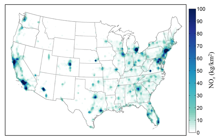 Distribution of estimated excess NOx emissions from Volkswagen diesel cars produced between 2008 and 2015.