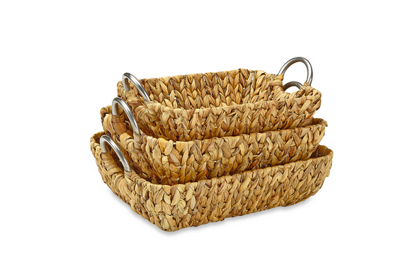 Rectangular Straw Trays with Metal Handles in Natural (Set of 3), $39.99