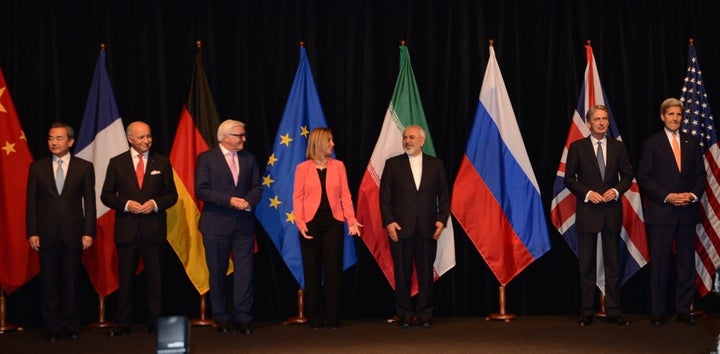 The nuclear deal negotiators pose for a family shot after concluding months of talks on July 14, 2015.