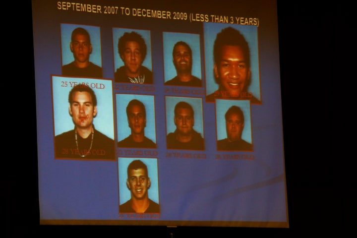 The prosecution shows young men who died from prescription drug overdoses written by Dr.Hsiu-Ying 'Lisa' Tseng during the prosecution's closing arguments in the trial of Hsiu-Ying 'Lisa' Tseng in Los Angeles County Superior Court on October 14, 2015 in Los Angeles, California.