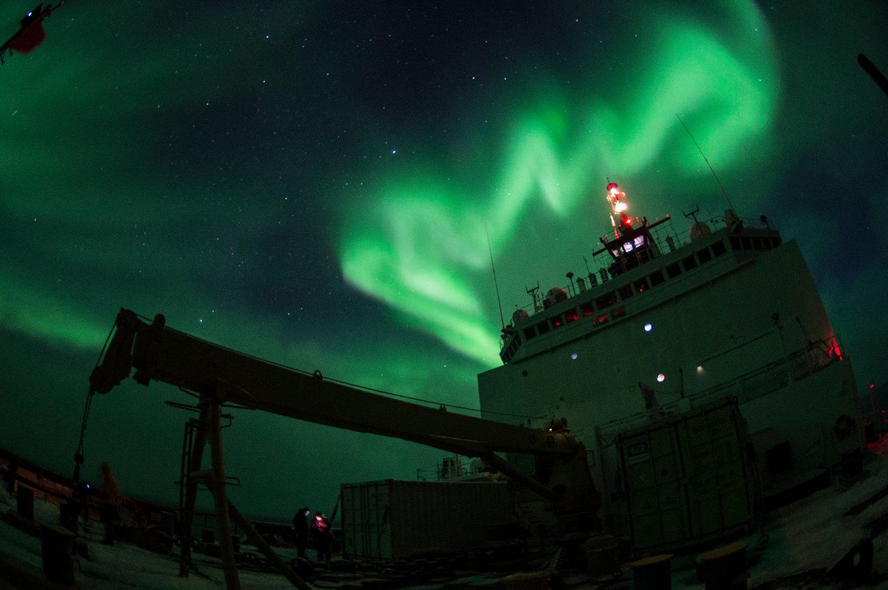 Aurora borealis is observed from Coast Guard Cutter Healy Oct. 4, 2015, while conducting science operations in the southern Arctic Ocean.