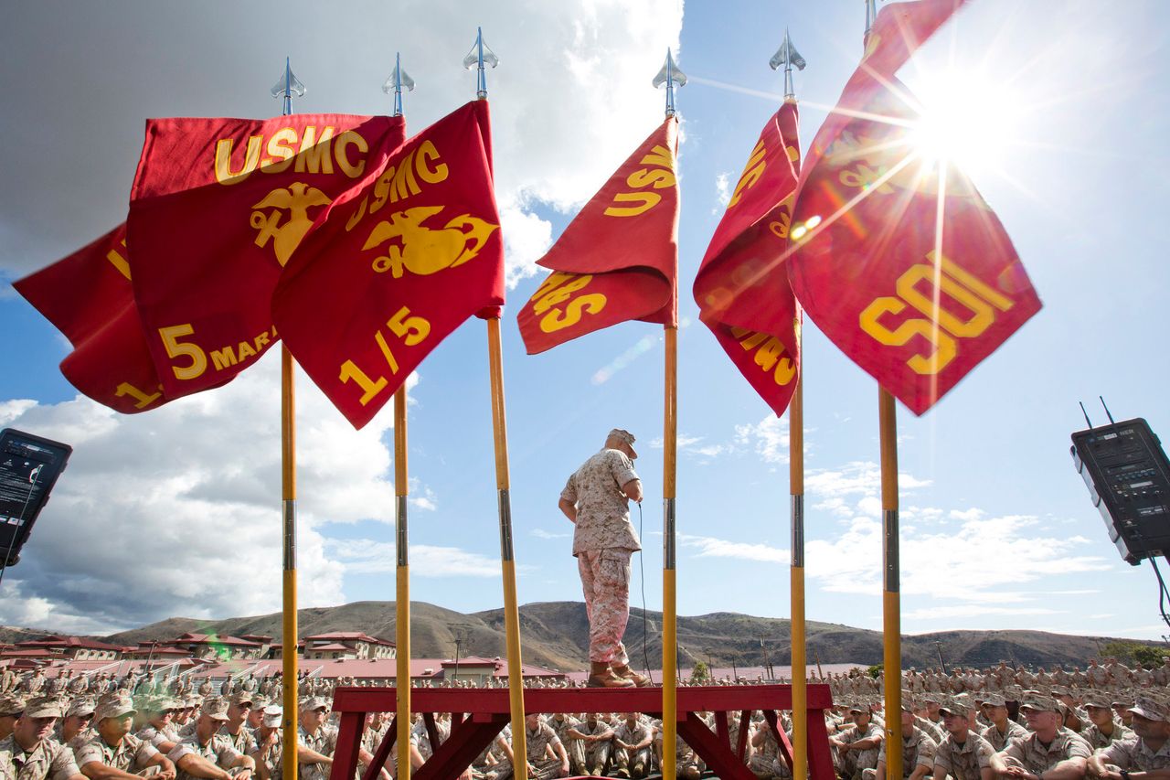 Commandant of the Marine Corps, Gen. Robert B. Neller, speaks to Marines, Sailors and civilians at the San Mateo Parade Deck, Camp Pendleton, California, Oct. 5, 2015.