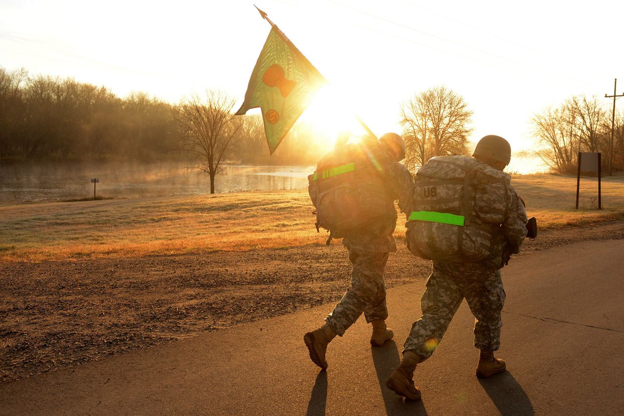 U.S. Army officer candidates, from the Minnesota National Guard Officer Candidate School, conduct a 10-mile ruck march at Camp Ripley, Minnesota, Oct. 25, 2015