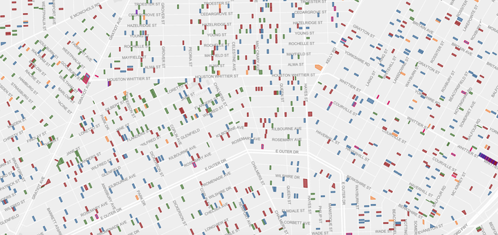 A map showing all the 2015 foreclosed properties in a slice of Detroit's east side. Occupied structures are blue, possibly occupied structures are orange, unoccupied structures are red and vacant lots are green.