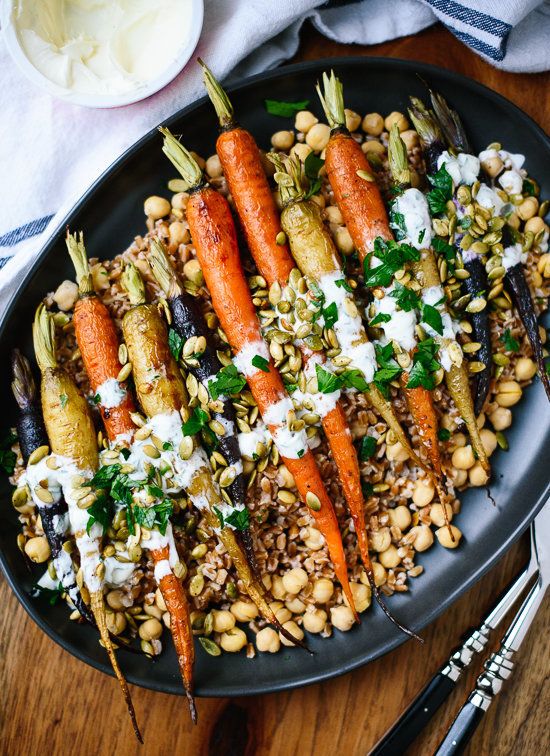 Roasted Carrots With Farro, Chickpeas And Creme Fraiche