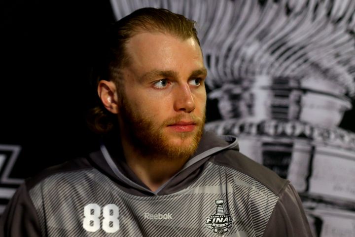 Patrick Kane of the Chicago Blackhawks speaks during Media Day for the 2015 NHL Stanley Cup Final. A woman who has accused Kane of rape told prosecutors she no longer wants to cooperate with the investigation