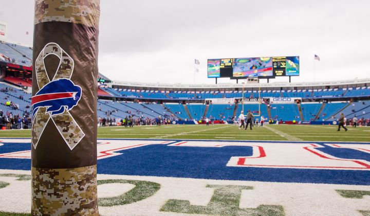 The NFL recognizes Veterans Day and honors the military with its "Salute to Service" campaign as seen here before the game between the Kansas City Chiefs and the Buffalo Bills in November 2014 at Ralph Wilson Stadium in Orchard Park, New York.