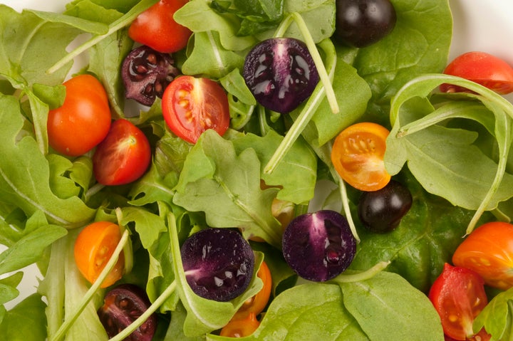 Salad showing high anthocyanin (purple), high flavonnol (orange), high anthocyanin and high flavonol (indigo) and regular (red) tomatoes engineered to form the basis of healthier diets.