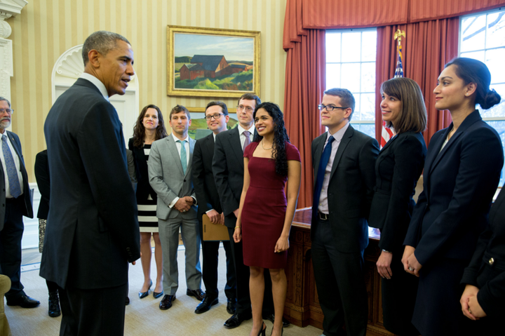 President Obama speaks with Maya Shankar and other members of the Social and Behavioral Sciences Team in January 2015.